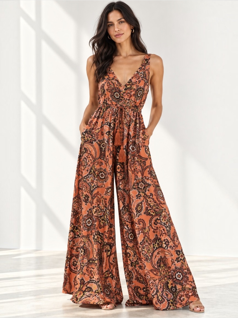 Cara Cara Cassandra Silk Blend Paisley Wide Leg Jumpsuit Size Small